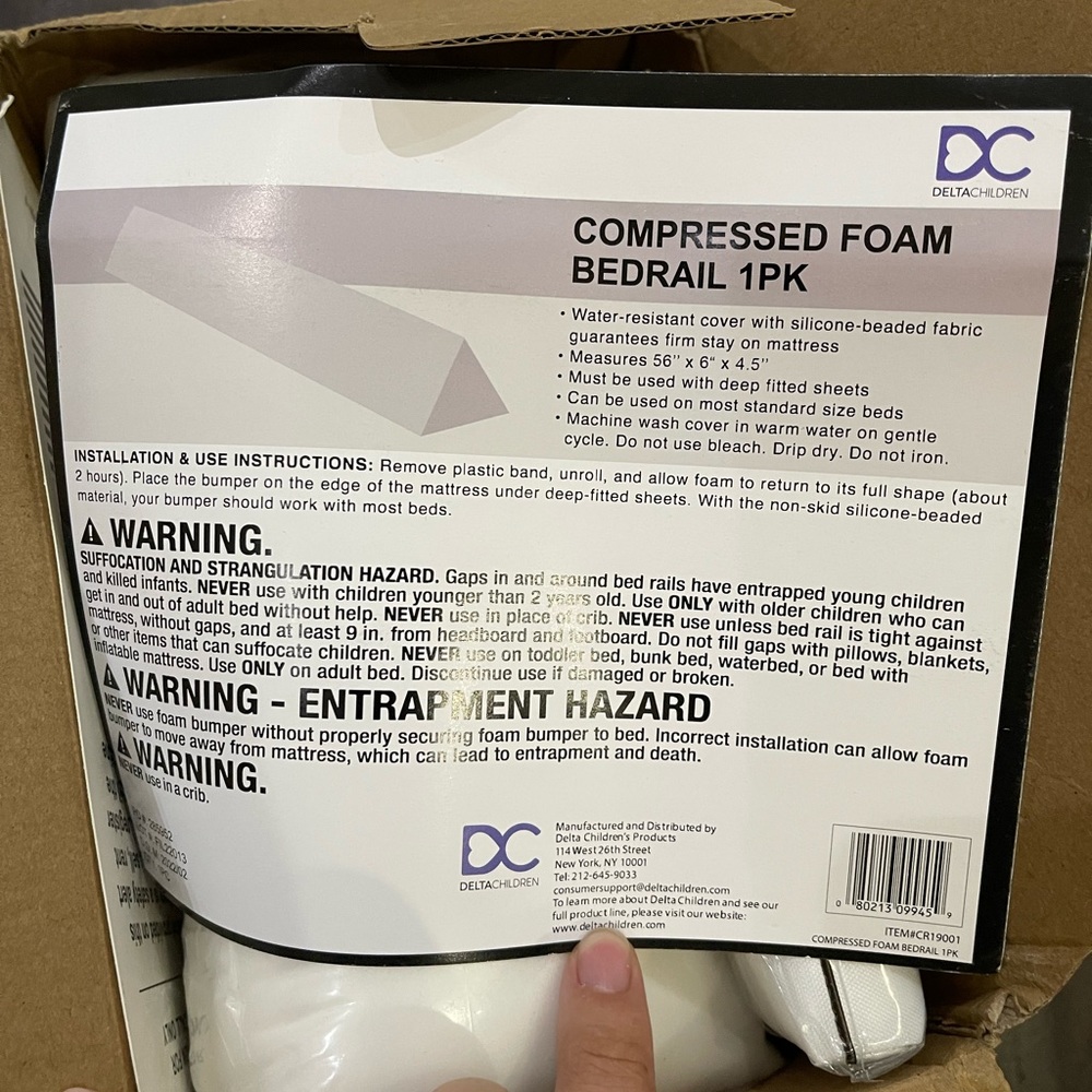 Compressed foam bed rail 1pk 56” L x 6” W x 4.5” H